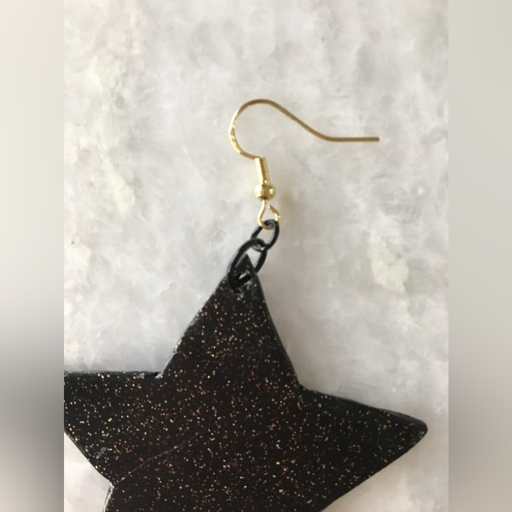 Large Black Stars with gold glitter accents handcrafted statement earrings β¨βοΈπ€ - Picture 10 of 13